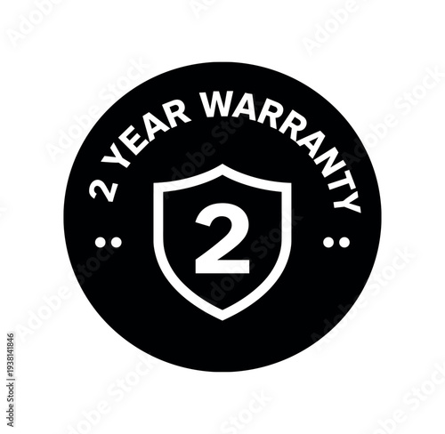 A black circular seal saying "2 year warranty" with a shield containing the number 2, for product guarantee badges and marketing.