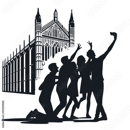 Group taking selfie in front of historic
building