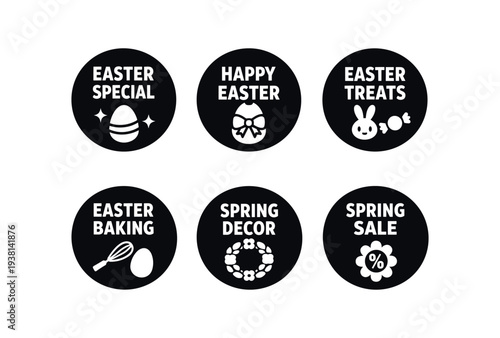 Collection of six black circular badges showing easter egg, bow, bunny, whisk and egg, wreath, and percent flower icons for seasonal promotions and packaging.