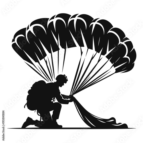 Paratrooper preparing parachute mid-air jump