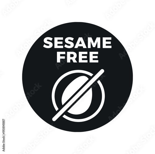 A simple black circular "sesame free" allergen label with a crossed-out sesame seed symbol, designed for food packaging, menus, and ingredient labeling to indicate absence of sesame.