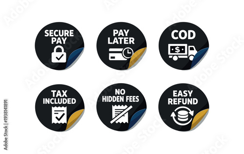 Six black circular ecommerce stickers showing secure payment, pay later, cash on delivery, tax included, no hidden fees, and easy refund icons for online stores and checkout pages.