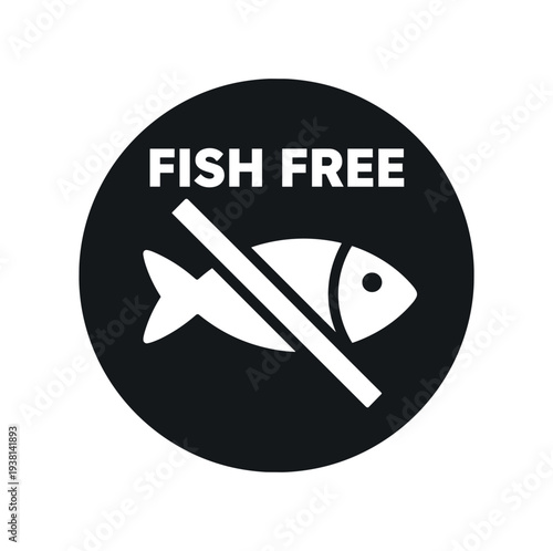 Fish free circular allergen badge with crossed fish symbol for packaging and labels flat vector icon