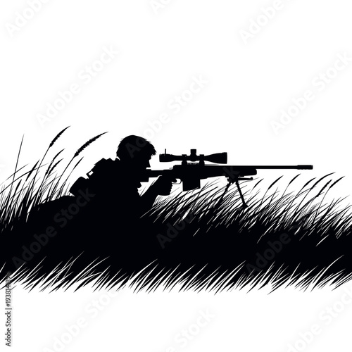 Sniper crouching in tall grass aiming rifle