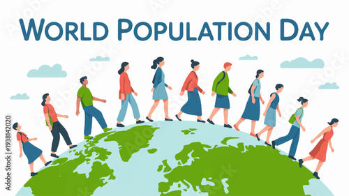 Diverse people walking on globe world population day unity and global community concept