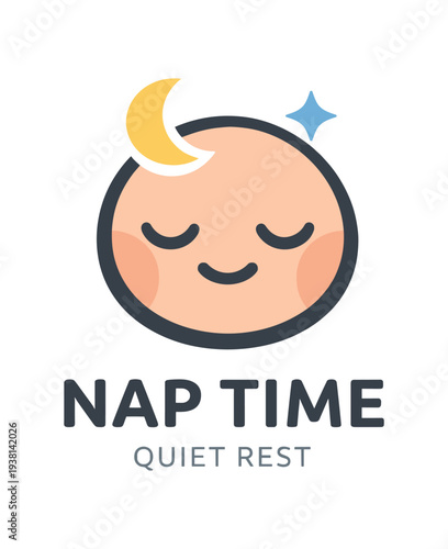 Minimal round sleeping face with closed eyes, rosy cheeks, a small crescent moon and a star above, accompanied by the words "nap time" and "quiet rest" for a calm nap or childcare sign or app badge.