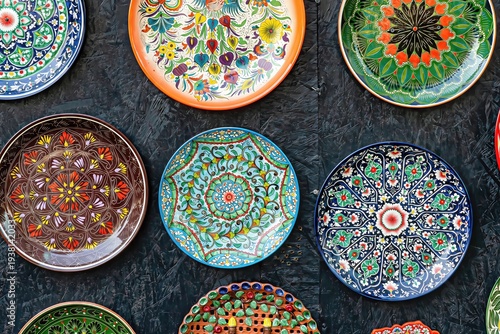 Traditional Uzbek ceramic plates with colorful floral patterns hanging on black wall. Decorative hand painted pottery from Uzbekistan. Concept of Central Asian folk craft and art culture.