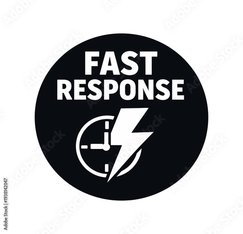A bold black round badge that reads "fast response" with a clock and lightning bolt graphic, made as a clear icon for rapid service, customer support, or priority delivery.