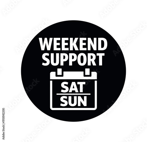 Black round badge with the words "weekend support" above a small calendar icon that reads "sat sun", made as a service availability or customer support mark.