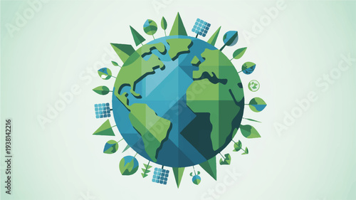 Earth surrounded by eco friendly symbols and leaves representing environmental conservation and sustainability
