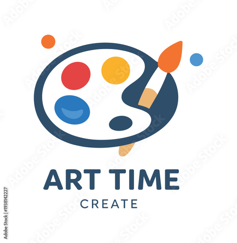Bright flat illustration of a painter's palette holding three paint blobs and a paintbrush above the words "art time create", intended as a fun creative class, studio, or kids art program logo.