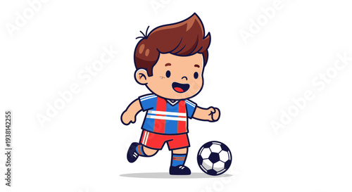 Cheerful little boy in a vibrant blue and red soccer jersey enthusiastically kicking a football, depicting a fun and active childhood sport and healthy playtime