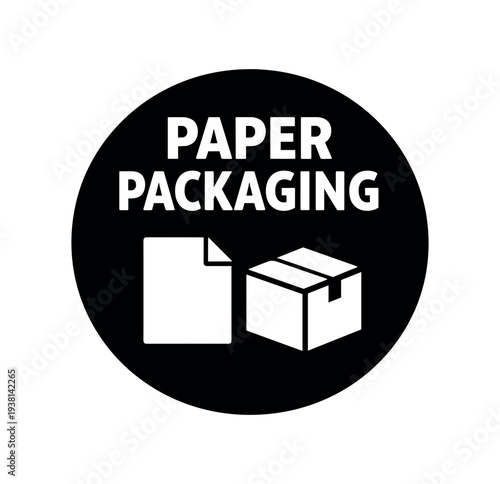 Black circular badge showing a paper sheet icon and a closed box to indicate paper packaging or recyclable packaging.