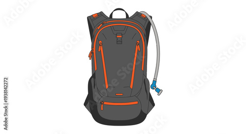 Gray and Orange Hydration Backpack Illustration for Outdoor Sports and Active Lifestyles. Essential Gear for Running, Hiking, and Cycling Adventures with Integrated Water System