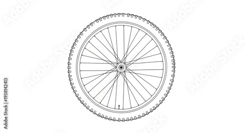 Detailed vector illustration of a bicycle wheel, highlighting the spokes, hub, and durable tire, representing mobility, cycling, and mechanical design