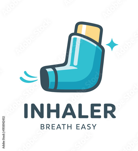A colorful blue inhaler cartoon with shine accents and the words "inhaler breath easy" beneath — friendly logo-style art for asthma, respiratory care, or pediatric health materials.