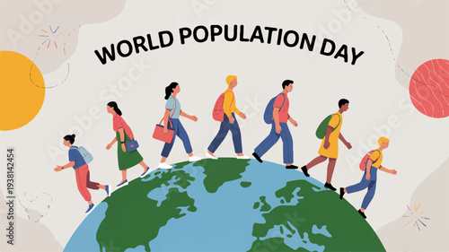 Diverse people walking on earth globe celebrating world population day with colorful background and planets