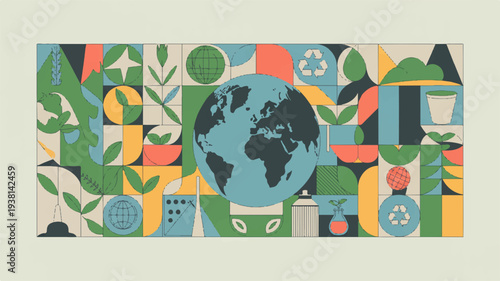 Vibrant eco friendly collage of earth surrounded by lush greenery colorful flowers and sustainable symbols promoting environmental awareness and conservation