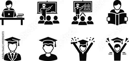 Students reading, being taught in a classroom,  celebrating academic achievements. Education and graduation, mortarboard caps, diplomas, and classroom. Academic journey, success, and learning.
