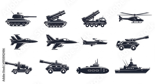 Collection of military vehicles and aircraft silhouettes.