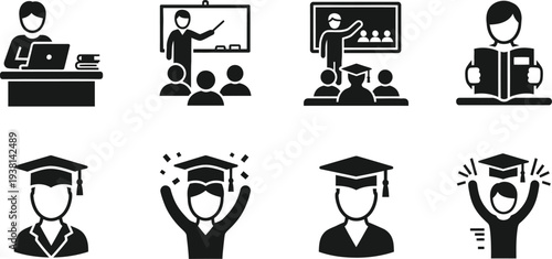 Students reading, being taught in a classroom,  celebrating academic achievements. Education and graduation, mortarboard caps, diplomas, and classroom. Academic journey, success, and learning.
