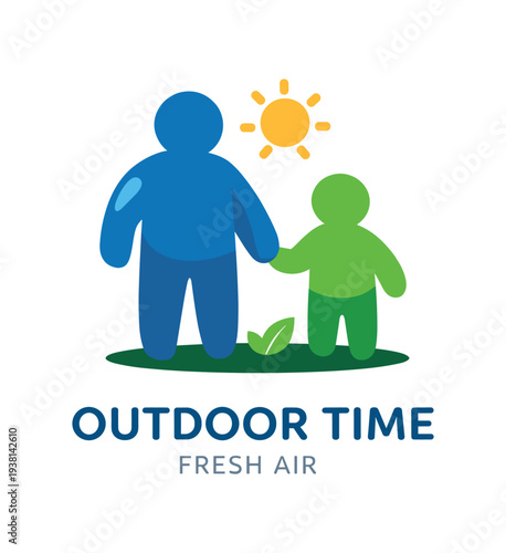 Simple flat logo showing a blue adult figure and a green child figure holding hands on a patch of grass with a sun overhead, labeled "outdoor time fresh air."
