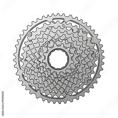 Detailed illustration of a bicycle rear cassette gear system, showcasing multiple sprockets and a central hub
