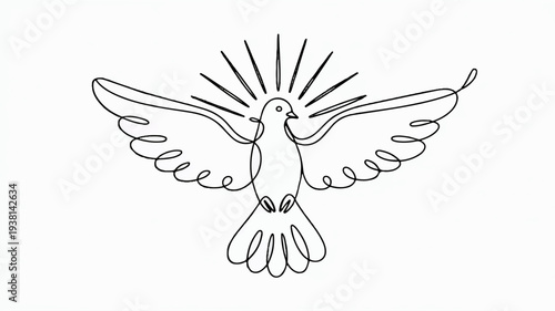 Dove flying with outstretched wings towards sun rays symbolizing peace and freedom in flight
