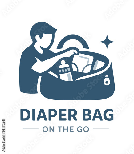 A simple two-tone blue icon of a person packing a diaper bag with a bottle and baby items, labeled "diaper bag on the go" — good for baby stores, parenting blogs, nursery products, and travel gear.