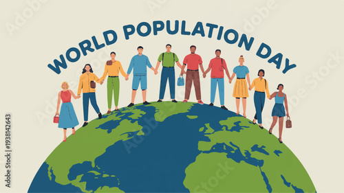 Diverse group of people standing together on earth symbolizing unity and global population on world population day