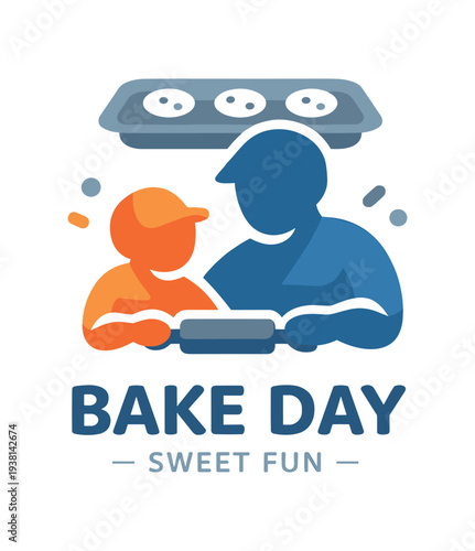 Parent and child rolling dough under a tray of cookies for bake day poster flat vector illustration