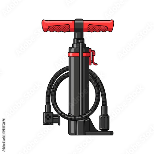 Compact manual air pump, black with red handle, for bicycle tire inflation. Essential cycling tool maintaining optimal pressure for bikes and sports equipment