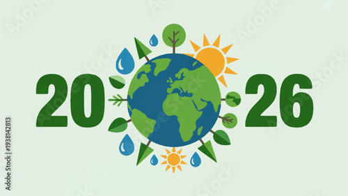 Earth surrounded by eco friendly symbols and 2026 text on a light green background with leaves and water droplets