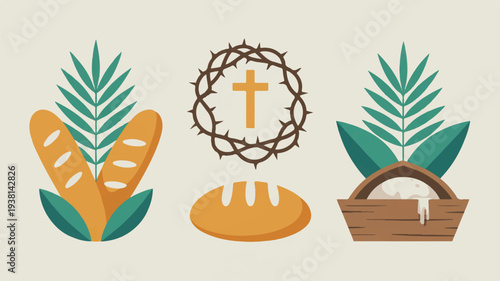 Easter symbols including bread wheat palm leaves and crown of thorns with cross on beige background