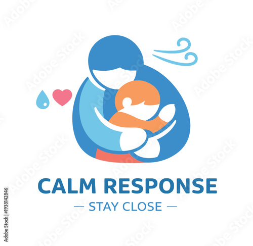 Soothing blue and orange illustration of a caregiver embracing a child with a heart and breeze symbols, made for crisis response, comfort, or support messaging.