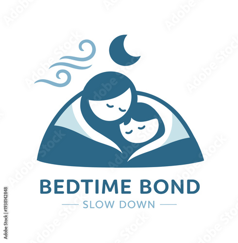 Calming blue illustration of a parent and child wrapped together under a curved blanket, moon above and soft wind lines, bedtime and bonding theme.