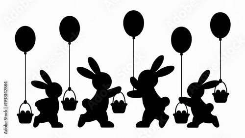 Three black silhouette bunnies holding baskets and balloons in a joyful easter celebration scene