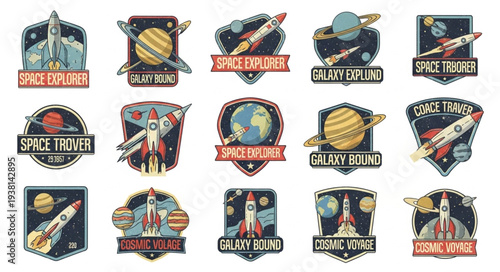 Collection of Retro Space Exploration Badges and Emblems.