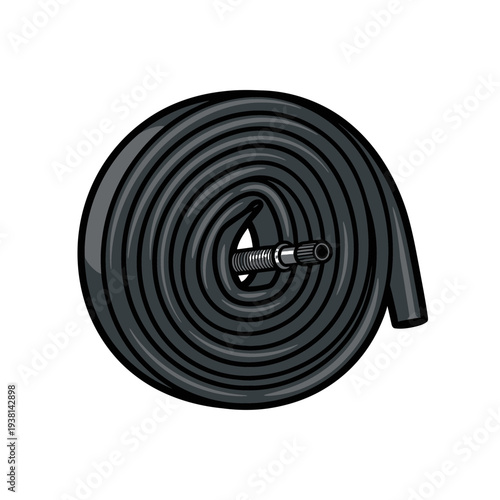 Coiled black fire hose illustration on a white background viewed from directly above