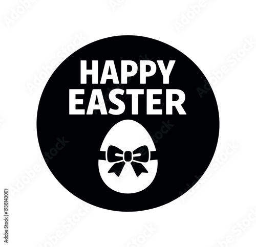 Black circular easter badge with bold "happy easter" text above a decorated egg tied with a bow, suited for seasonal stickers, labels, or social posts.