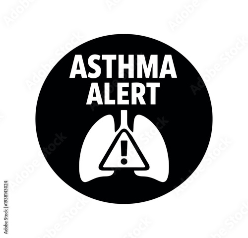 Black circular warning badge that reads "asthma alert" above stylized lungs containing a warning triangle and exclamation mark, made as a stark monochrome icon for medical alerts and safety labels.