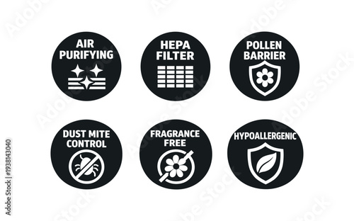Set of six circular black-and-white icons for packaging or labels that communicate air purifying, hepa filter, pollen barrier, dust mite control, fragrance free, and hypoallergenic features.