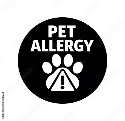 Black circular warning badge that reads "pet allergy" above a paw print and a warning triangle, suitable for labels, packaging, or signage.