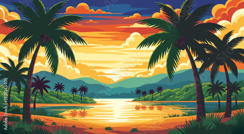 Vibrant Tropical Sunset Beach Scenery with Palm Trees A Vector Illustration