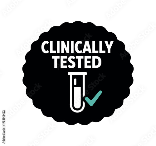 Black scalloped badge reading "clinically tested" with a white test tube icon and teal checkmark, intended for medical, skincare, or product labeling.