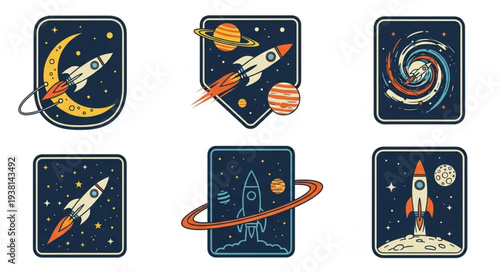 Space exploration rocket ship and planet illustrations set.