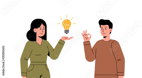 A Colorful Vector Illustration of a Woman Presenting a Glowing Light Bulb Idea to a Man Giving an Okay Sign