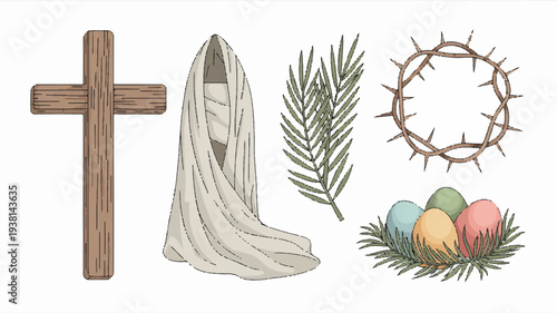 Easter symbols including cross shroud palm leaf crown of thorns and colorful eggs on white background