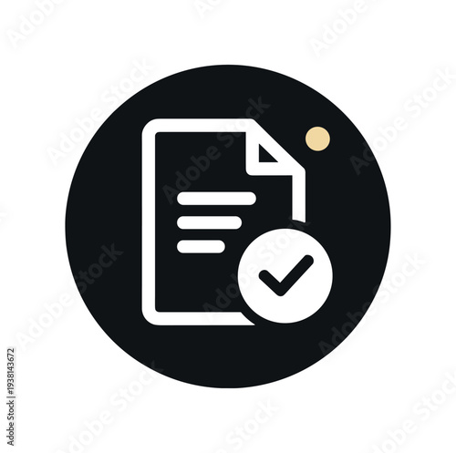White document outline and check mark shown on a dark circular background with a small accent dot, intended as an approved file or completed task icon.