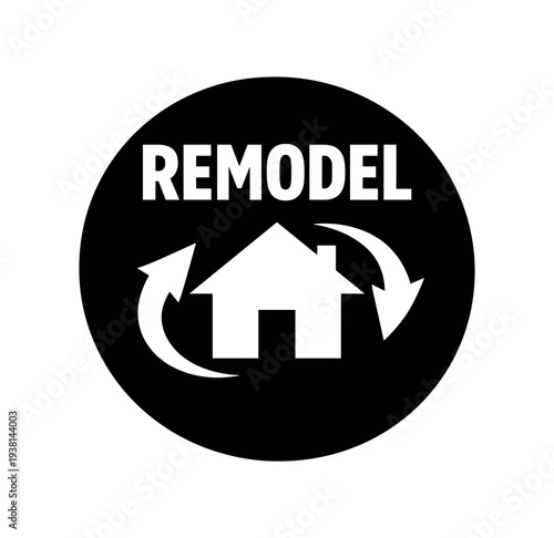 Black circular badge showing a house silhouette with two curved arrows around it and the word "remodel" above, designed as a simple icon for remodeling services or signage.